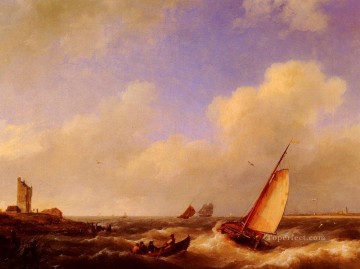  river Oil Painting - The Scheldt River At Flessinghe Hermanus Snr Koekkoek seascape boat